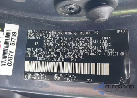 2008 Toyota Sienna Ce z USA, uszkodzony, nr VIN 5TDZK23C78S200305